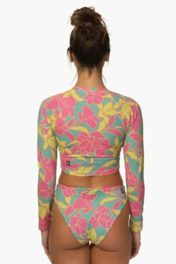 Moana Long Sleeved Crop Rashie - Treasure Island -JOLYN Sales Surf Tops Moana Print TreasureIsland Back MiaClark 011623