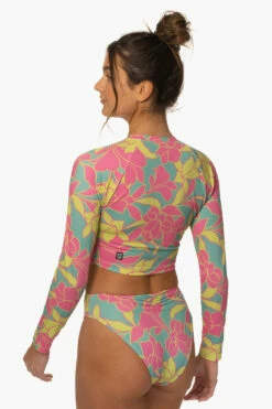 Moana Long Sleeved Crop Rashie - Treasure Island -JOLYN Sales Surf Tops Moana Print TreasureIsland SideBack MiaClark 011623