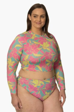 Moana Long Sleeved Crop Rashie - Treasure Island -JOLYN Sales Surf Tops Moana Print TreasureIsland SideFront AdrianaK 011923