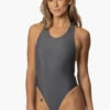 Audacious Onesie - Graphite -JOLYN Sales Swim Onesies Audacious Solid Graphite Front CourtneySurf ChristinaQuakernik 021123