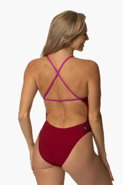 Brandon 2 Swim Onesie - Cranberry & French Mullbery -JOLYN Sales Swim Onesies Brandon 2 Contrast CRANFM Back Side2 ChristinaQuakernik 021123