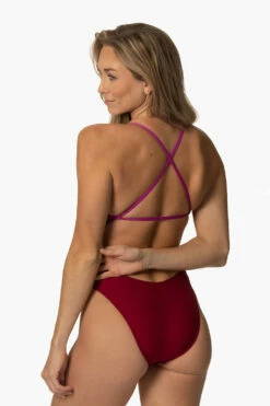 Brandon 2 Swim Onesie - Cranberry & French Mullbery -JOLYN Sales Swim Onesies Brandon 2 Contrast CRANFM Back Side ChristinaQuakernik 021123