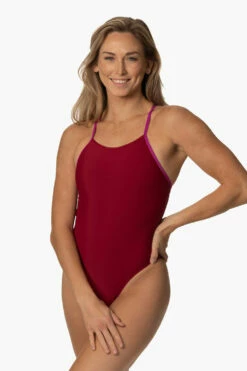 Brandon 2 Swim Onesie - Cranberry & French Mullbery -JOLYN Sales Swim Onesies Brandon 2 Contrast CRANFM Front ChristinaQuakernik 021123 jpg