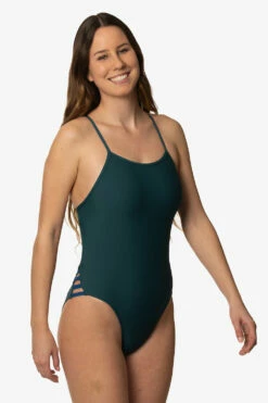 Gavin Swim Onesie - Peacock Contrast -JOLYN Sales Swim Onesies Gavin 2 Contrasts PEACDBS Front Side Kaylyn 031723