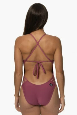 Gavin Swim Onesie - Plum -JOLYN Sales Swim Onesies Gavin Recycled Forever Solid Plum Back KianiSouza 120122