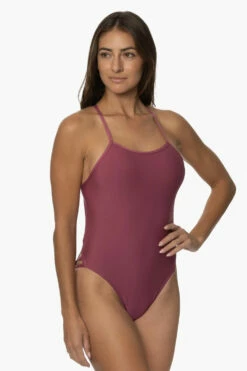 Gavin Swim Onesie - Plum -JOLYN Sales Swim Onesies Gavin Recycled Forever Solid Plum SideFront KianiSouza 120122