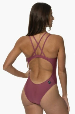 Murray Swim Onesie - Plum -JOLYN Sales Swim Onesies Murray Recycled Forever Solid Plum SideBack KianiSouza 120122