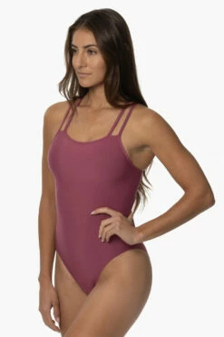 Murray Swim Onesie - Plum -JOLYN Sales Swim Onesies Murray Recycled Forever Solid Plum SideFront KianiSouza 120122