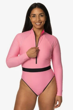 Nazare Long Sleeve Zip-Up Surf One Piece - Dazzle -JOLYN Sales Swim Onesies Nazare Solid Dazzel Front2 TiaSurf KianiSouza 020923
