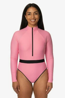 Nazare Long Sleeve Zip-Up Surf One Piece - Dazzle -JOLYN Sales Swim Onesies Nazare Solid Dazzel Front TiaSurf KianiSouza 020923