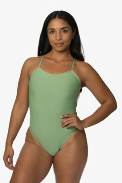 Perry Swim Onesie - Matcha -JOLYN Sales Swim Onesies Perry Recycled Forever Solid Matcha Front KianiSouza 120122