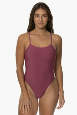 Perry Swim Onesie - Plum 11 Perry Swim Onesie - Plum -JOLYN Sales Swim Onesies Perry Recycled Forever Solid Plum Front KarolMartin 121322