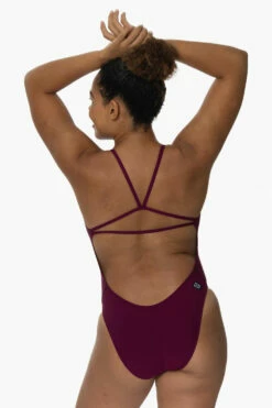 Raya Swim Onesie - Cabernet -JOLYN Sales Swim Onesies Raya Solid Cabernet Back Isabella 092022
