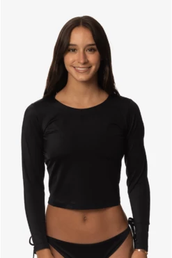 Freya Long Sleeved Crop Rashie - Black -JOLYN Sales Swim Top Freya Solids Black Front Gianna CSGD1 040323