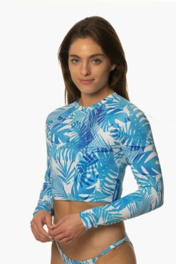 Moana Long Sleeved Crop Rashie - La Jolla 21 Moana Long Sleeved Crop Rashie - La Jolla -JOLYN Sales Swim Tops Moana Prints La Jolla FrontSide MichelleMason JSD2.23 030723