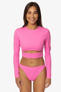 Taranaki Long Sleeved Crop Cut-Out Rashie - Passion -JOLYN Sales Swim Top Taranaki Print Passion Front LisaDillon 040323